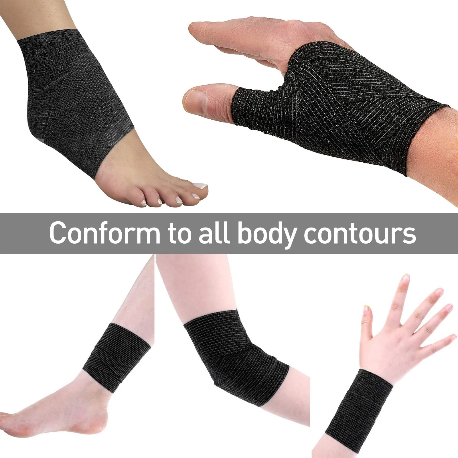 12 Pack Self Adherent Cohesive Wrap Bandages - 2”Wide, 5 Yards - All Sports Athletic Tape | Elastic Self Adhesive Tape | Breathable Wound Tape | First Aid Stretch, Cover All Tape(Black)