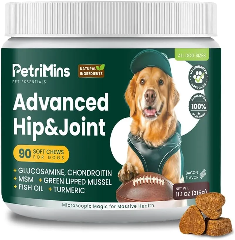 Advanced Hip & Joint Supplement for Dogs with Glucosamine and Chondroitin, for Dogs Glucosamine, Organic Turmeric, Egg Shell Membrane, Green Lipped Mussel, 90-Count, Bacon