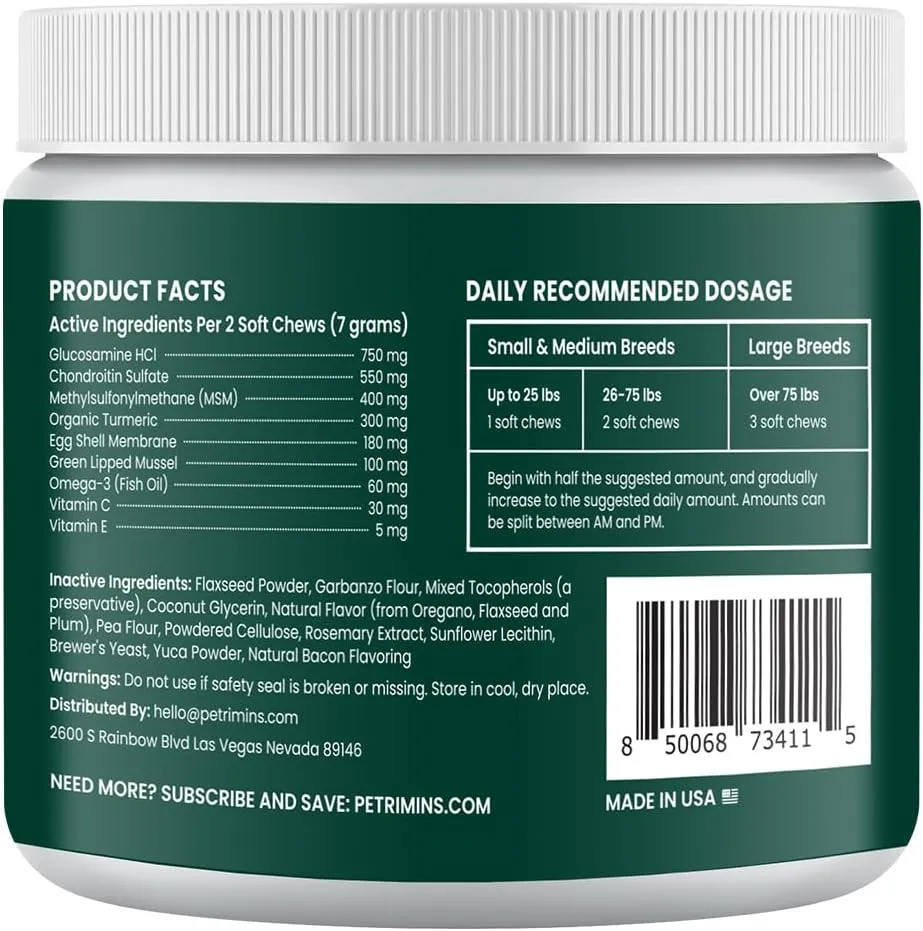 Advanced Hip & Joint Supplement for Dogs with Glucosamine and Chondroitin, for Dogs Glucosamine, Organic Turmeric, Egg Shell Membrane, Green Lipped Mussel, 90-Count, Bacon