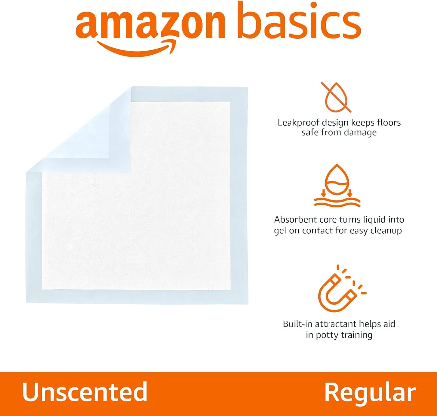 Amazon Basics Absorbent, Leak-Proof Dog and Puppy Pee Pads with 5-Layer Design and Quick-Dry Surface for Potty Training, Standard Absorbency, Regular Size, 22 x 22 Inch - Pack of 50, Blue & White