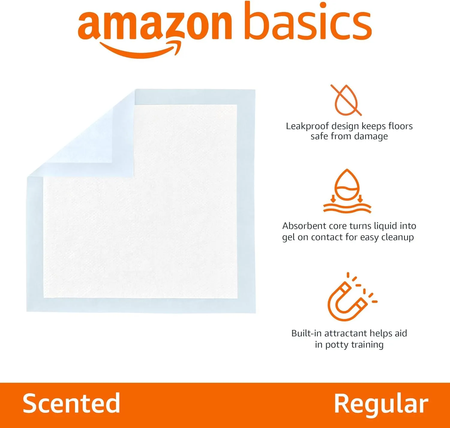 Amazon Basics Absorbent Puppy Pads for Potty Training and Incontinence, 5-Layer Leak-Proof Design, Quick-Dry Surface, Regular Size, 22 x 22 Inch, Scented, Pack of 100, Blue & White