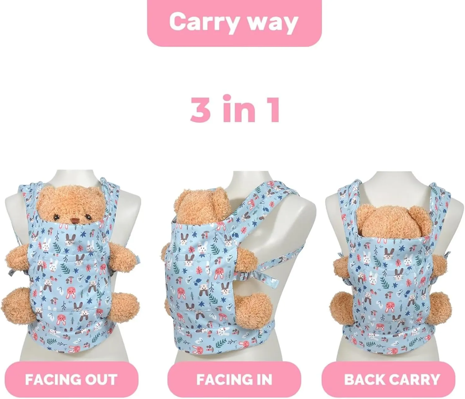 Baby Doll Carrier for Baby Girl Premiums Soft Straps and Skin-Friendly Webbing Stuffed Animal Carrier for Kids and Toddler Facing in Facing Out and Backpack 18 inch Doll Rabbit Design