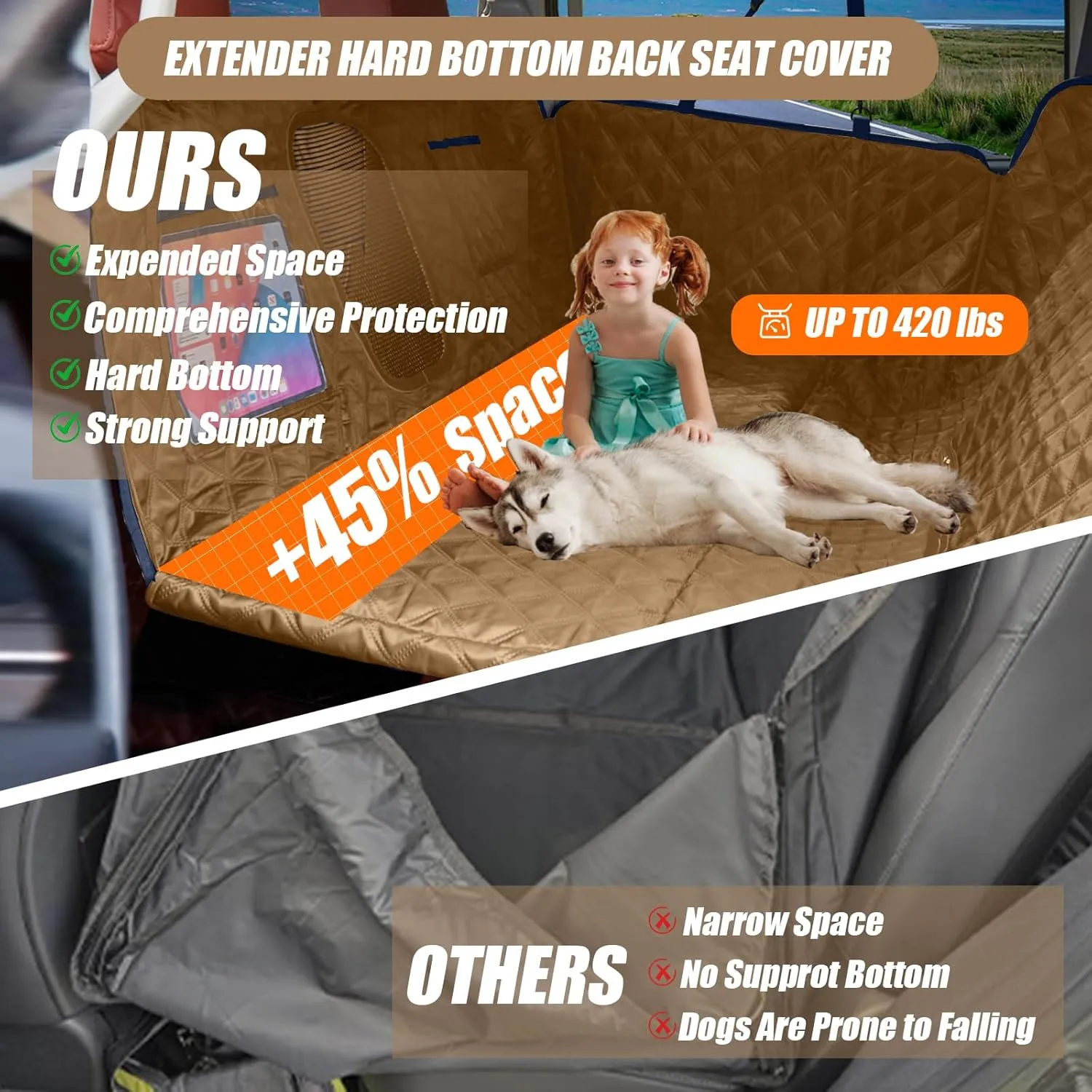 Back Seat Extender for Dogs Holds 420 lbs, Hard Bottom Car Seat Cover, Waterproof Hammock with Mesh Window, Heavy Duty Travel Bed for Large Pets, Rear Seat Protector for Car SUV Truck