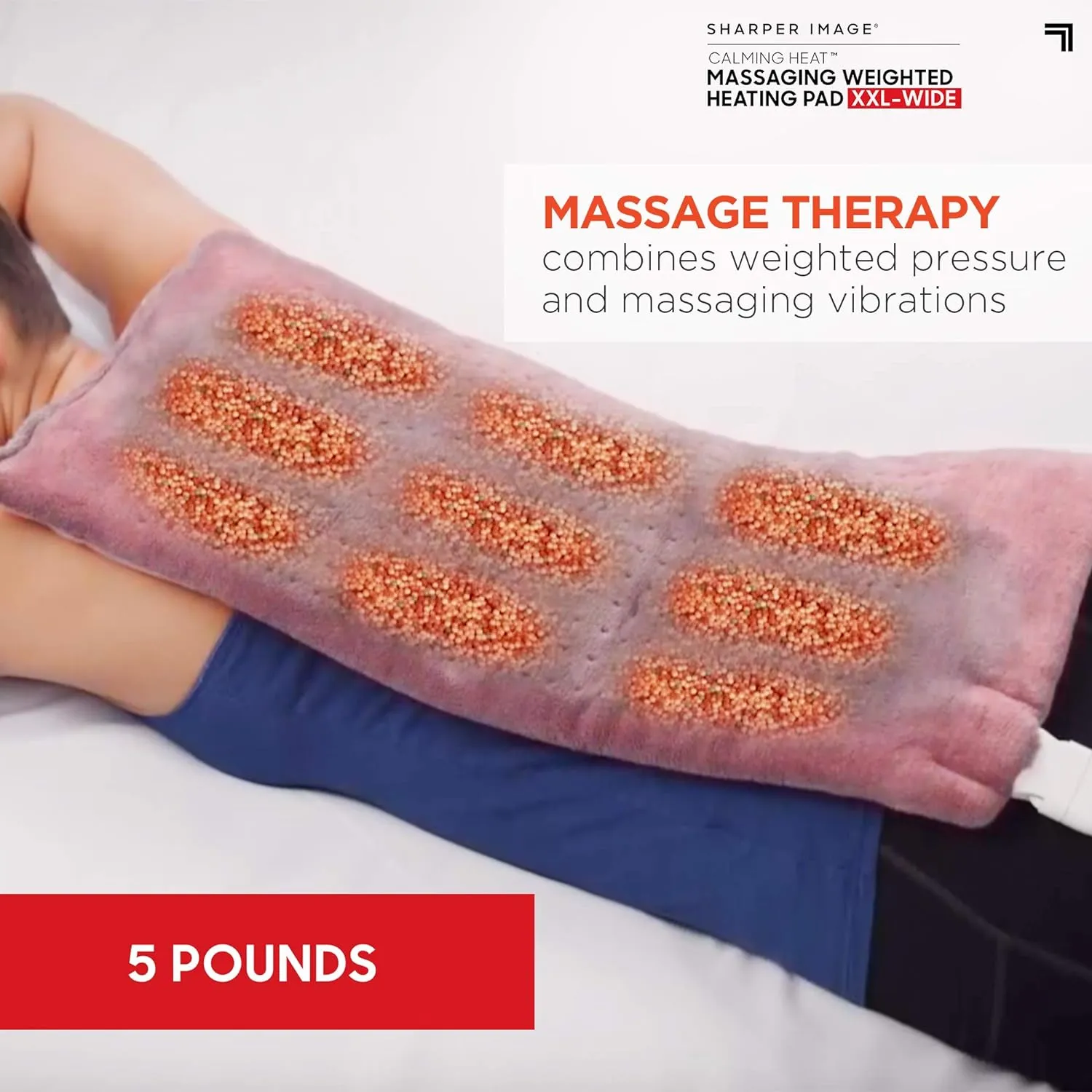Calming Heat XXL-Wide Massaging Weighted Heating Pad by Sharper Image- Electric Heating Pad with Massaging Vibrations, Auto-Off, 12 Settings- 3 Heat, 9 Massage- 27 Relaxing Combos, 20 x 24, 5 lbs