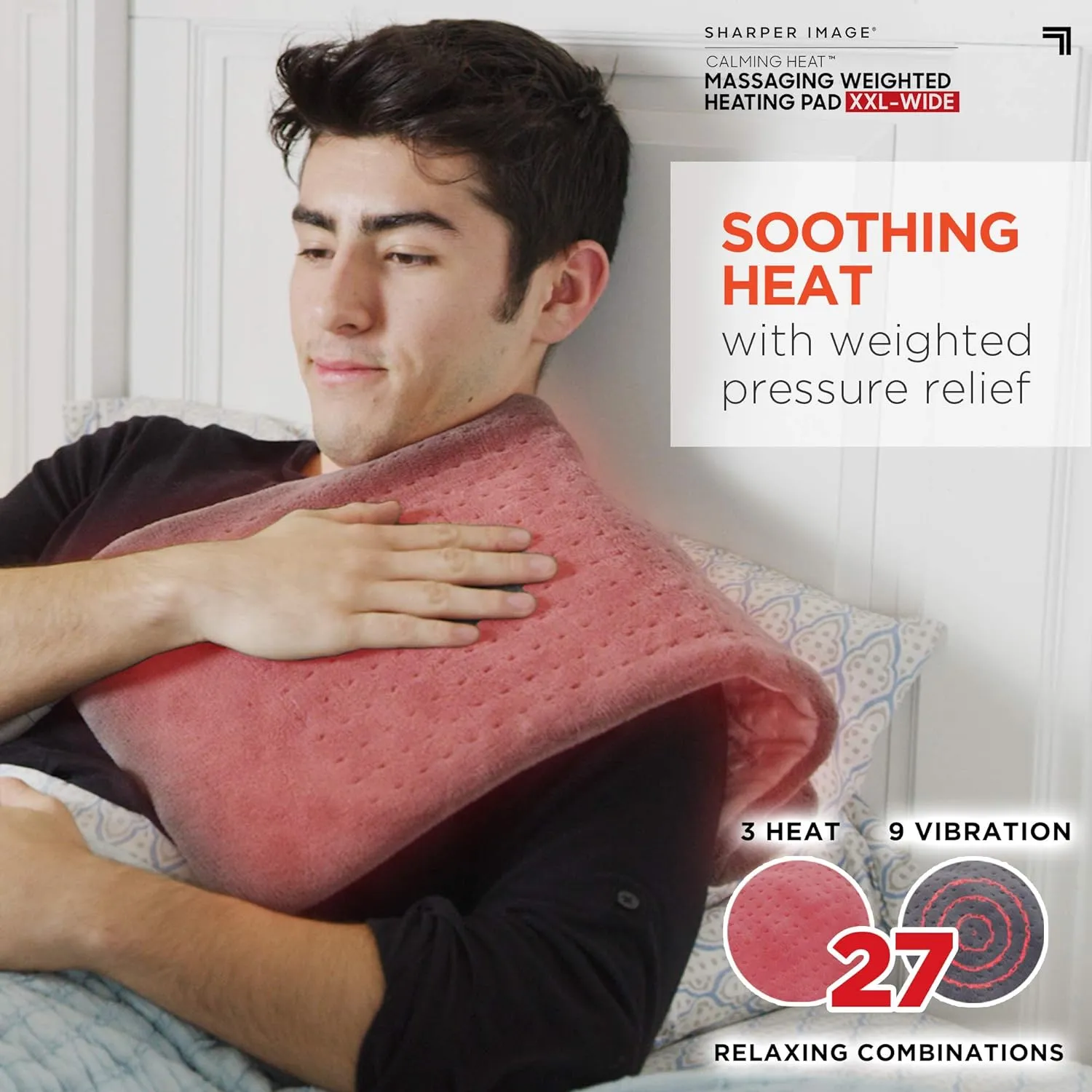 Calming Heat XXL-Wide Massaging Weighted Heating Pad by Sharper Image- Electric Heating Pad with Massaging Vibrations, Auto-Off, 12 Settings- 3 Heat, 9 Massage- 27 Relaxing Combos, 20 x 24, 5 lbs
