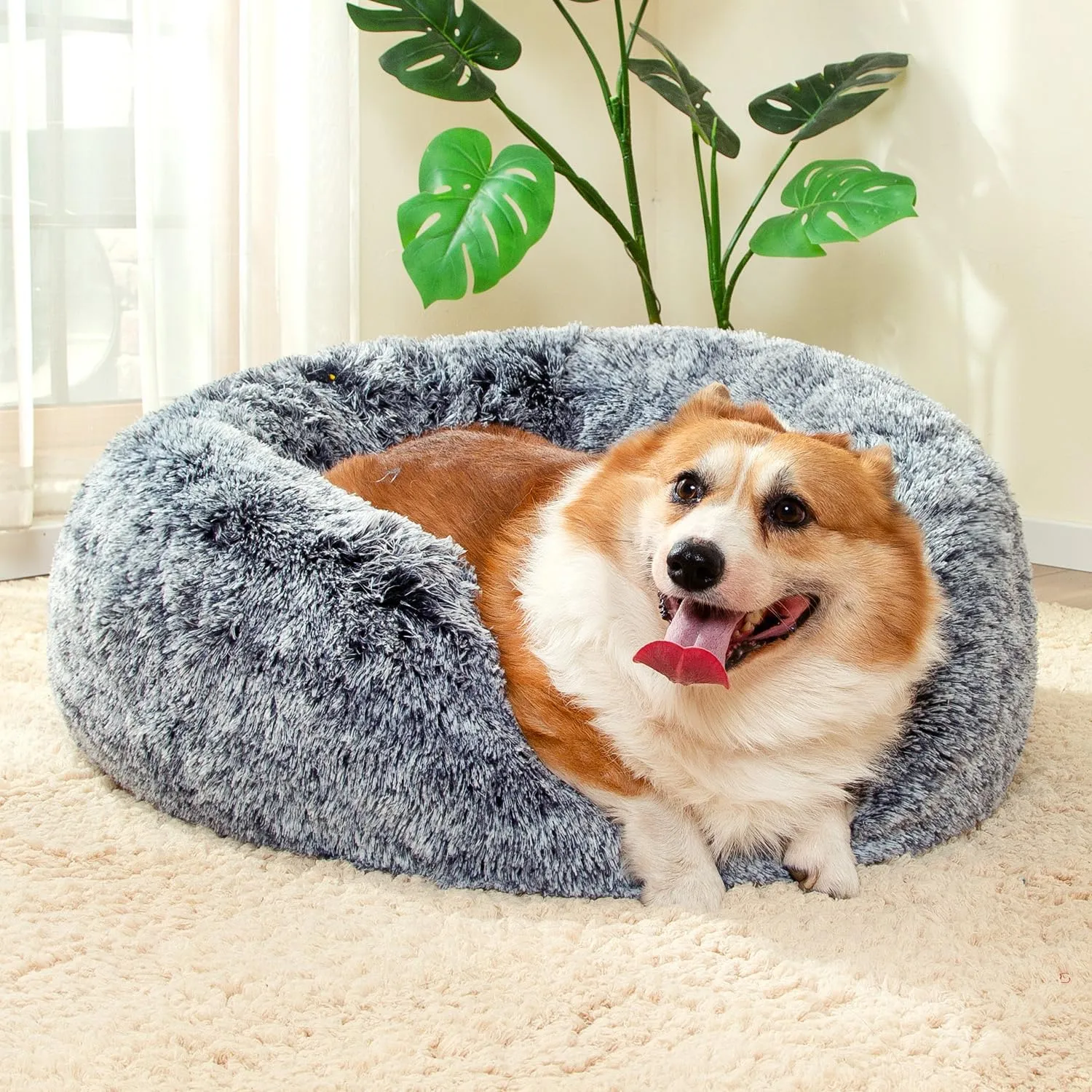 CATBOAT 30'' Calming Cat Donut Bed - Indoor Washable, Non-Slip Bottom, Fluffy Faux Fur Plush, Anti-Anxiety, Self Warming Cuddler Cushion for Large Dogs and Cats, Grey