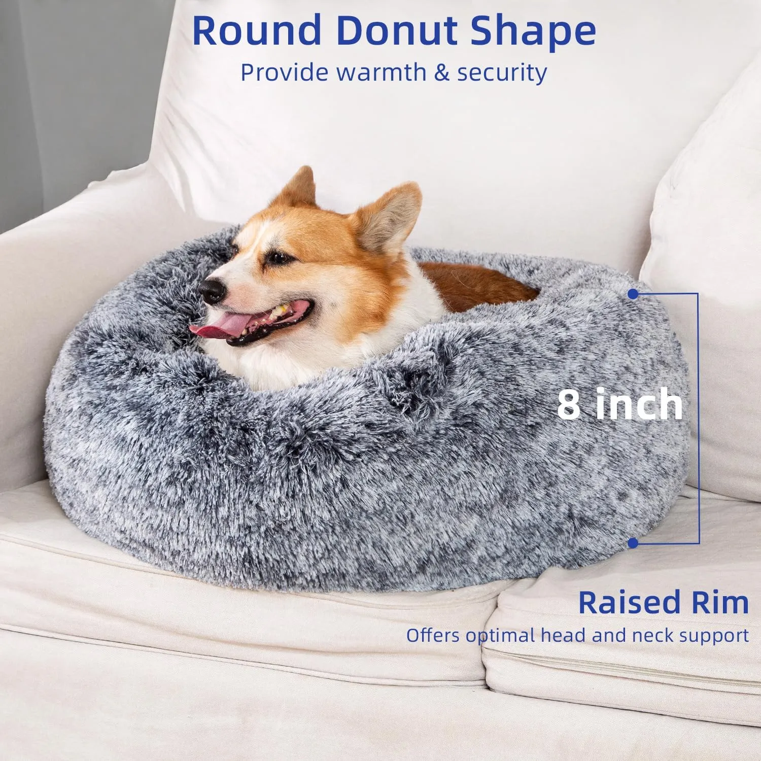 CATBOAT 30'' Calming Cat Donut Bed - Indoor Washable, Non-Slip Bottom, Fluffy Faux Fur Plush, Anti-Anxiety, Self Warming Cuddler Cushion for Large Dogs and Cats, Grey
