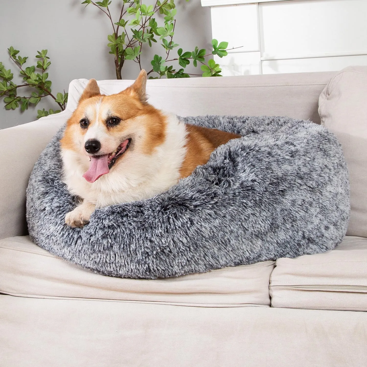 CATBOAT 30'' Calming Cat Donut Bed - Indoor Washable, Non-Slip Bottom, Fluffy Faux Fur Plush, Anti-Anxiety, Self Warming Cuddler Cushion for Large Dogs and Cats, Grey