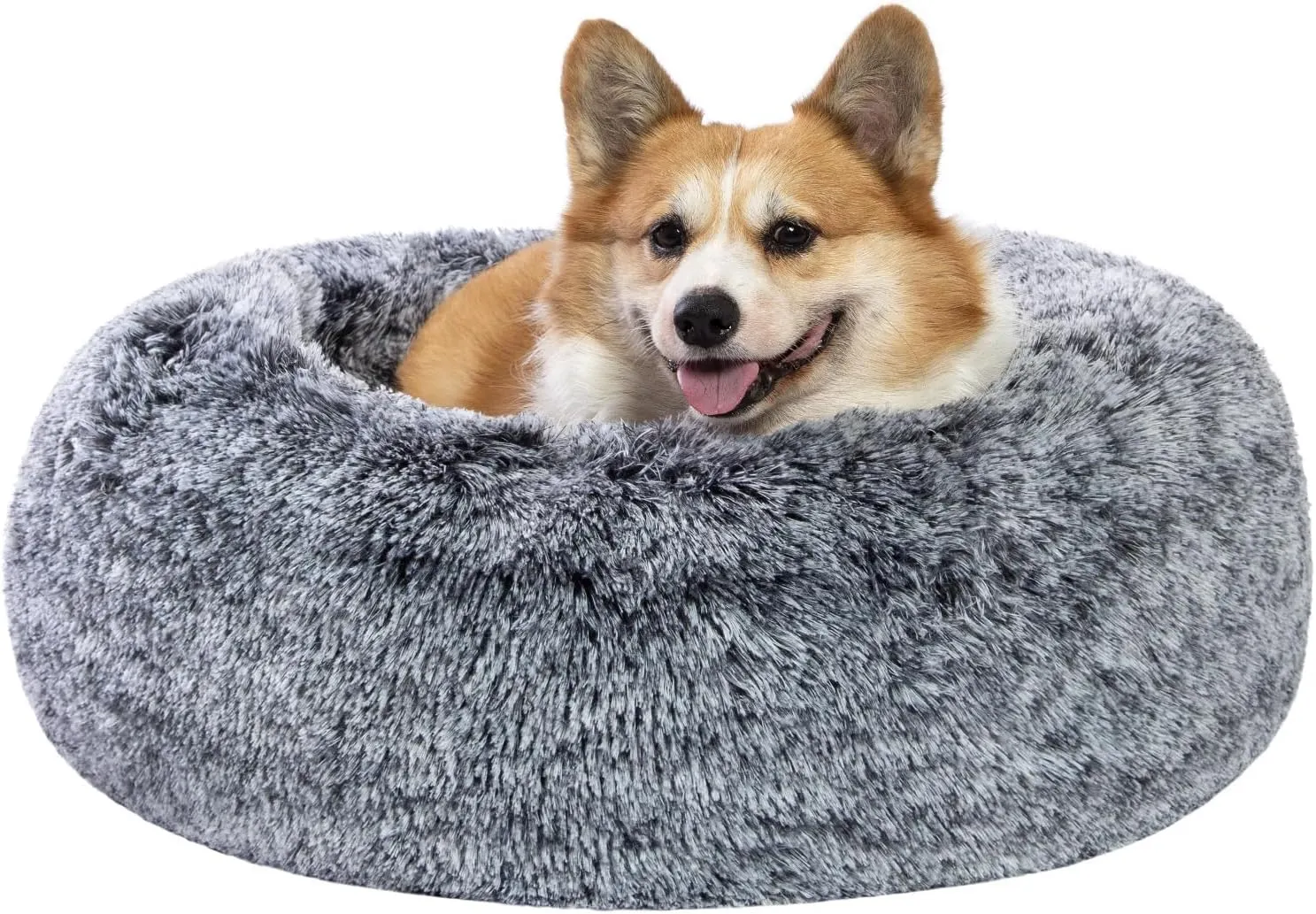CATBOAT 30'' Calming Cat Donut Bed - Indoor Washable, Non-Slip Bottom, Fluffy Faux Fur Plush, Anti-Anxiety, Self Warming Cuddler Cushion for Large Dogs and Cats, Grey