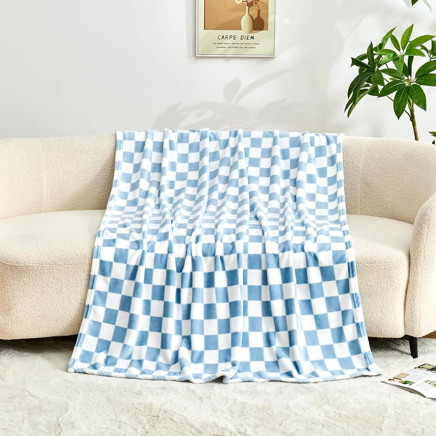 Checkered Blanket Flannel Throw Blankets Soft Cozy Checkered Grid Print Chessboard Gingham Pattern Throws for Bed Sofa Couch for All Seasons, 50x60 Inch, Blue