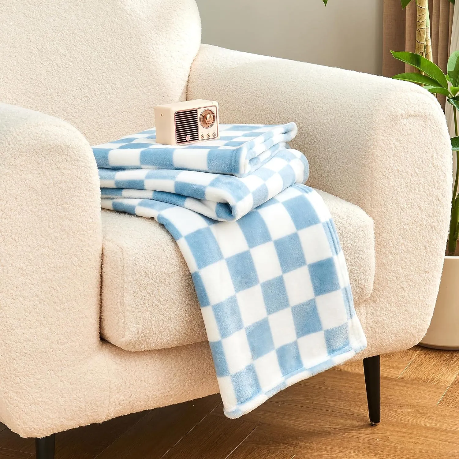 Checkered Blanket Flannel Throw Blankets Soft Cozy Checkered Grid Print Chessboard Gingham Pattern Throws for Bed Sofa Couch for All Seasons, 50x60 Inch, Blue