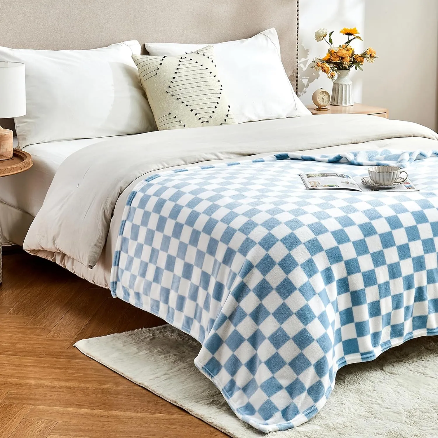 Checkered Blanket Flannel Throw Blankets Soft Cozy Checkered Grid Print Chessboard Gingham Pattern Throws for Bed Sofa Couch for All Seasons, 50x60 Inch, Blue
