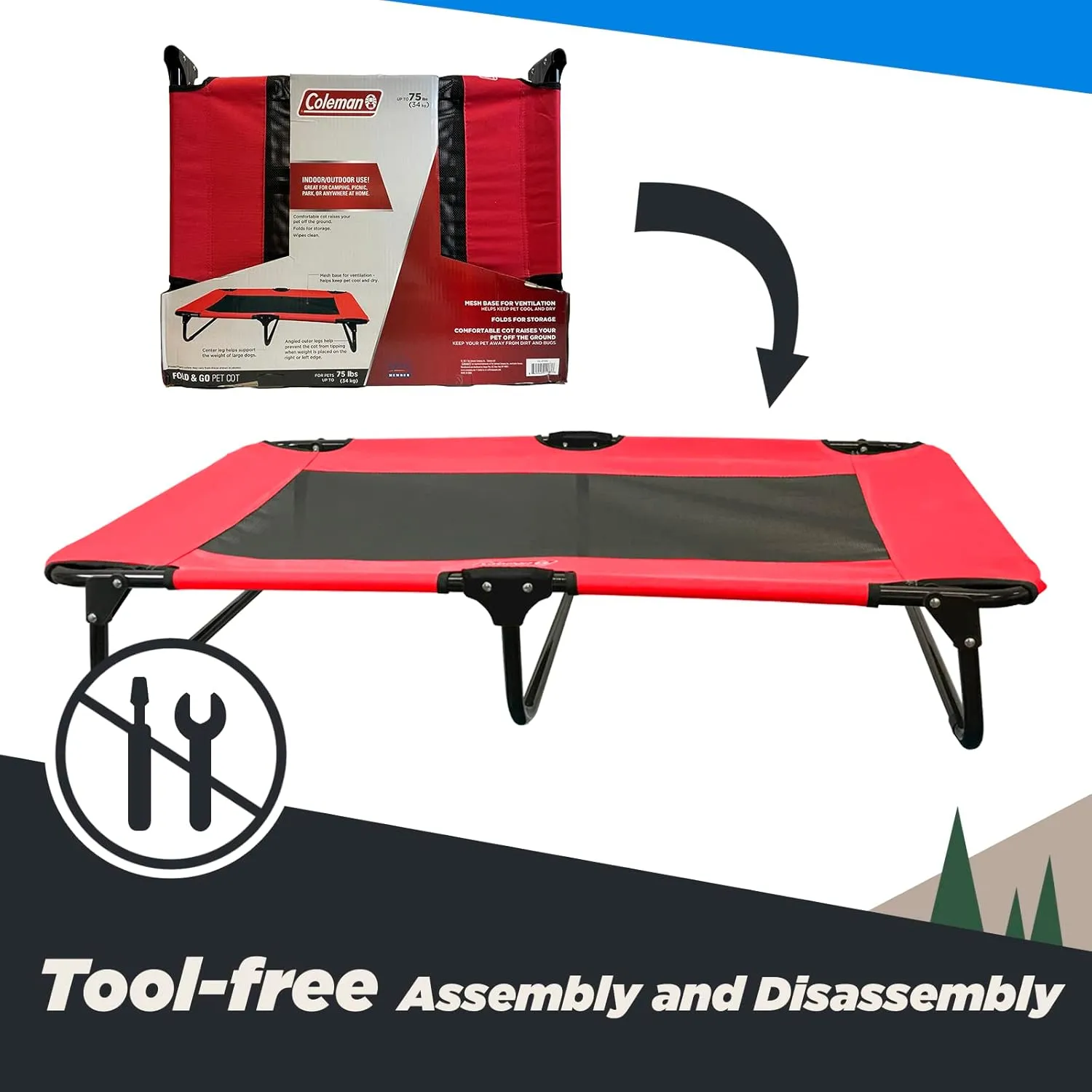 Coleman Elevated Folding Dog Cot, Large, 24" x 42", Red
