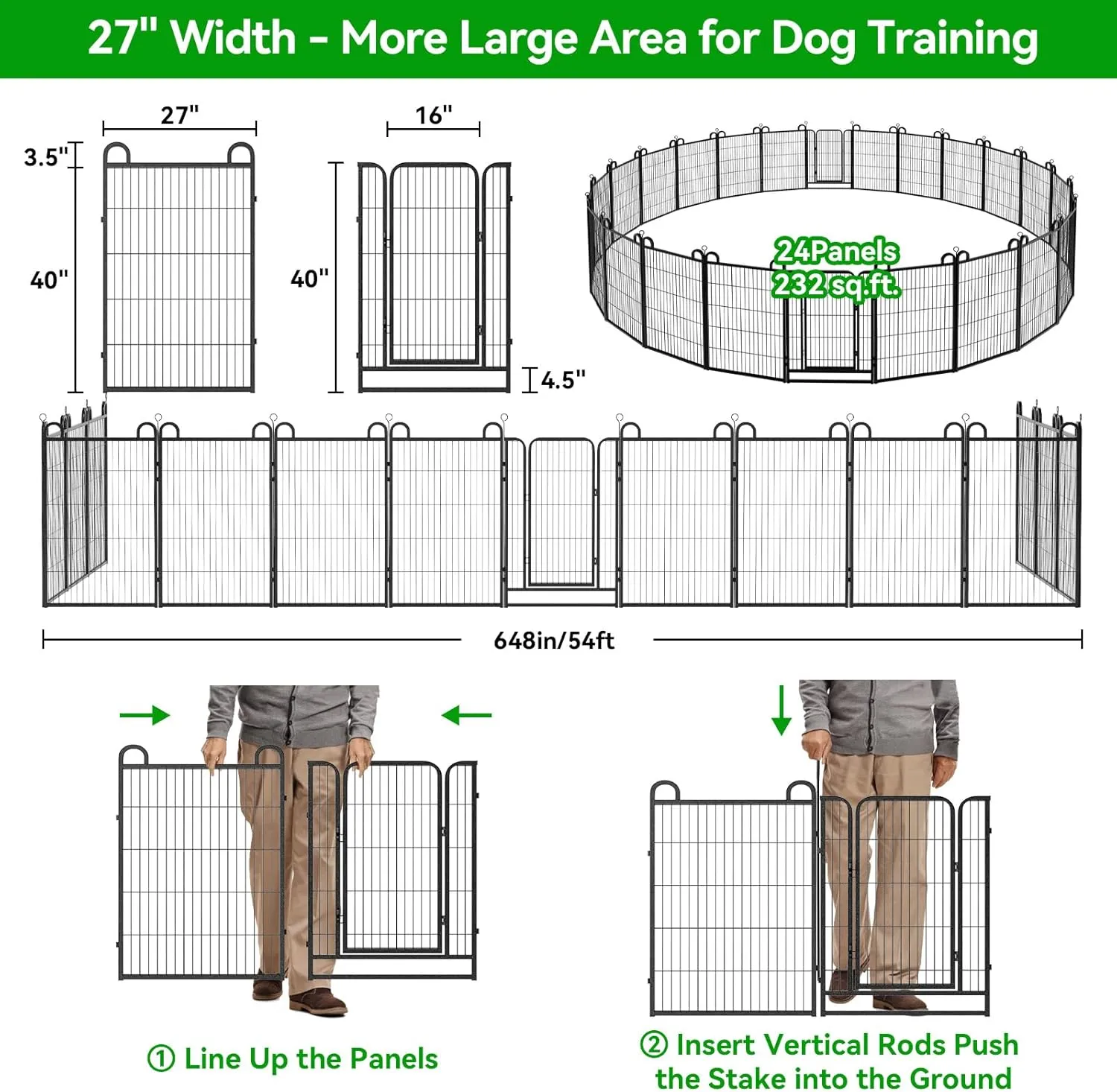 Dog Playpen Outdoor 24 Panels Heavy Duty Dog Fence 40" Height Anti-Rust with Doors Portable for RV Camping Yard, Total 54FT, 232 Sq.ft, Snowy Black