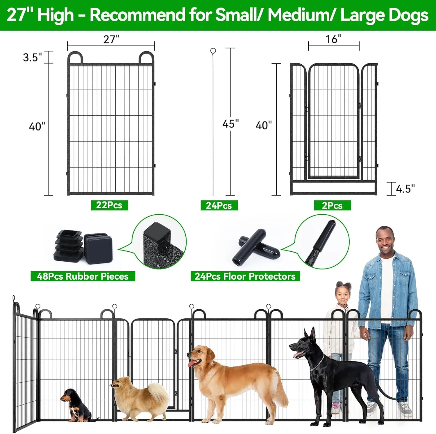 Dog Playpen Outdoor 24 Panels Heavy Duty Dog Fence 40" Height Anti-Rust with Doors Portable for RV Camping Yard, Total 54FT, 232 Sq.ft, Snowy Black