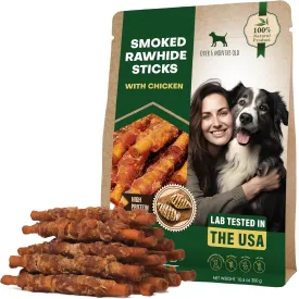 Dog Smoked Rawhide Sticks Wrapped Chicken & Pet Natural Chew Treats - Grain Free Organic Meat & Healthy Human Grade Dried Snacks in Bulk - Best Twists for Training Small & Large Dogs - Made for USA