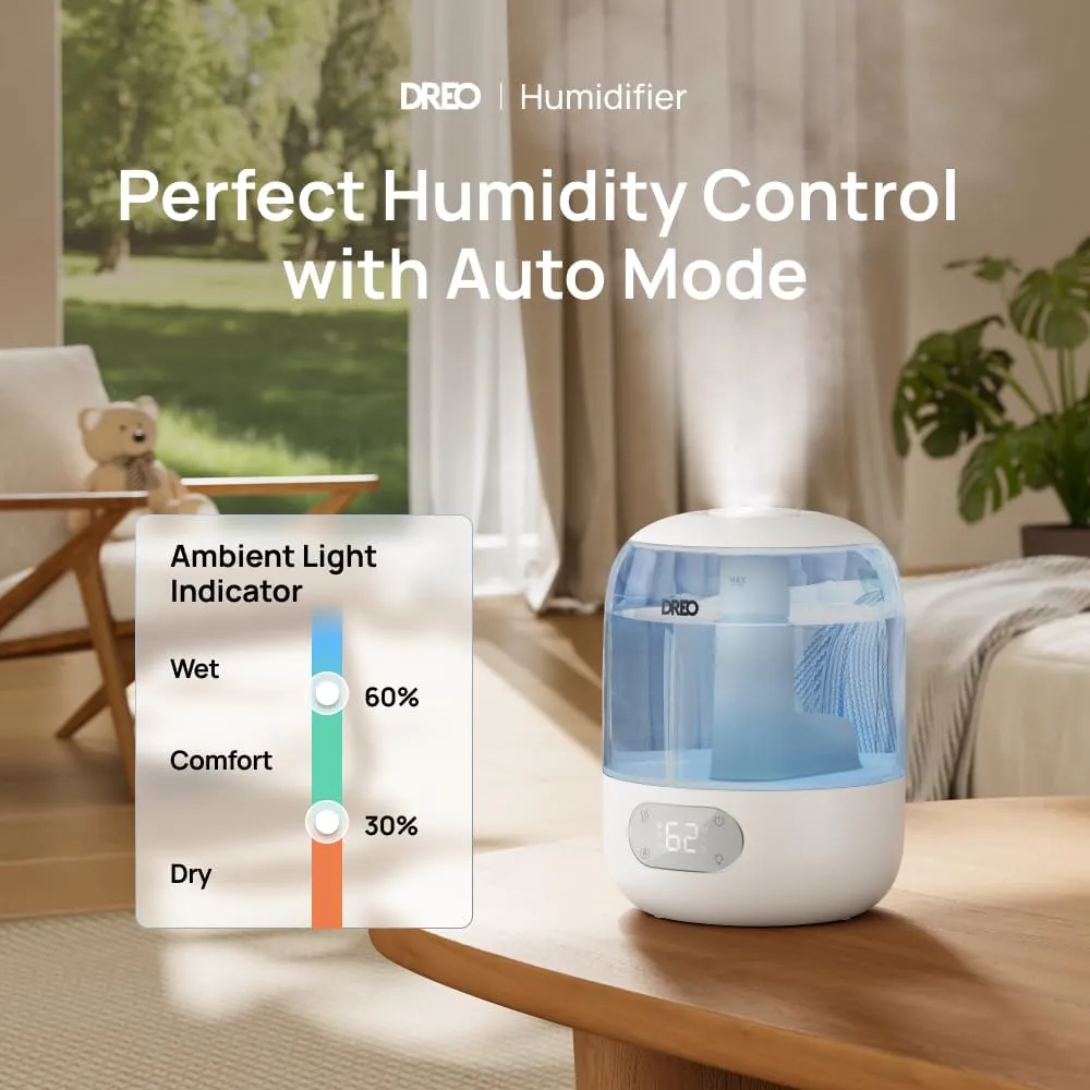 Dreo Humidifiers for Bedroom, Cool Mist Ultrasonic Humidifiers with 30Hr Runtime, Top Fill 3L Tank, Easy Clean, Humidity Sensor, Night Light for Baby, Nursery, 360 Nozzle for Plants and Home, Blue