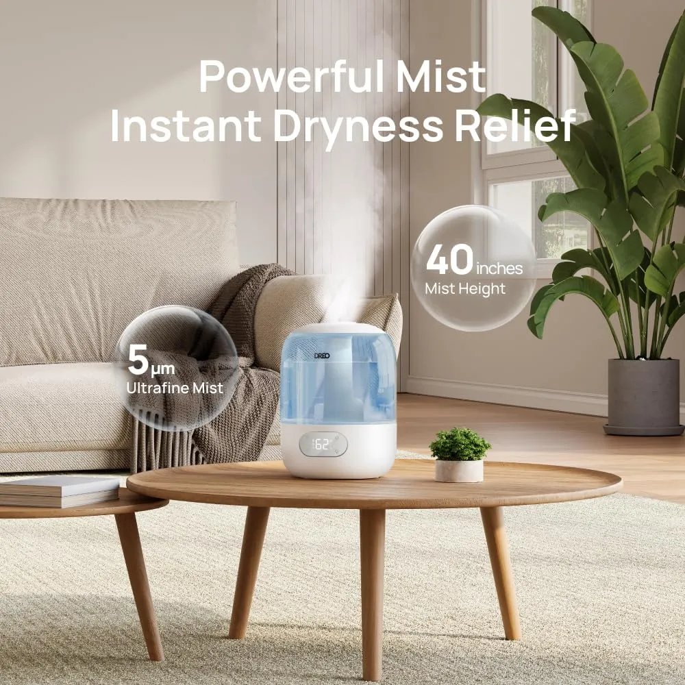 Dreo Humidifiers for Bedroom, Cool Mist Ultrasonic Humidifiers with 30Hr Runtime, Top Fill 3L Tank, Easy Clean, Humidity Sensor, Night Light for Baby, Nursery, 360 Nozzle for Plants and Home, Blue