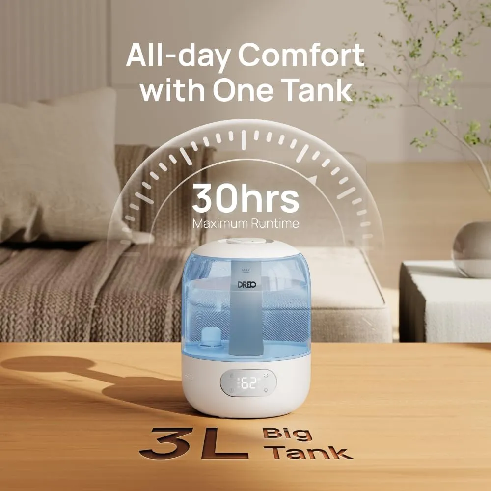 Dreo Humidifiers for Bedroom, Cool Mist Ultrasonic Humidifiers with 30Hr Runtime, Top Fill 3L Tank, Easy Clean, Humidity Sensor, Night Light for Baby, Nursery, 360 Nozzle for Plants and Home, Blue