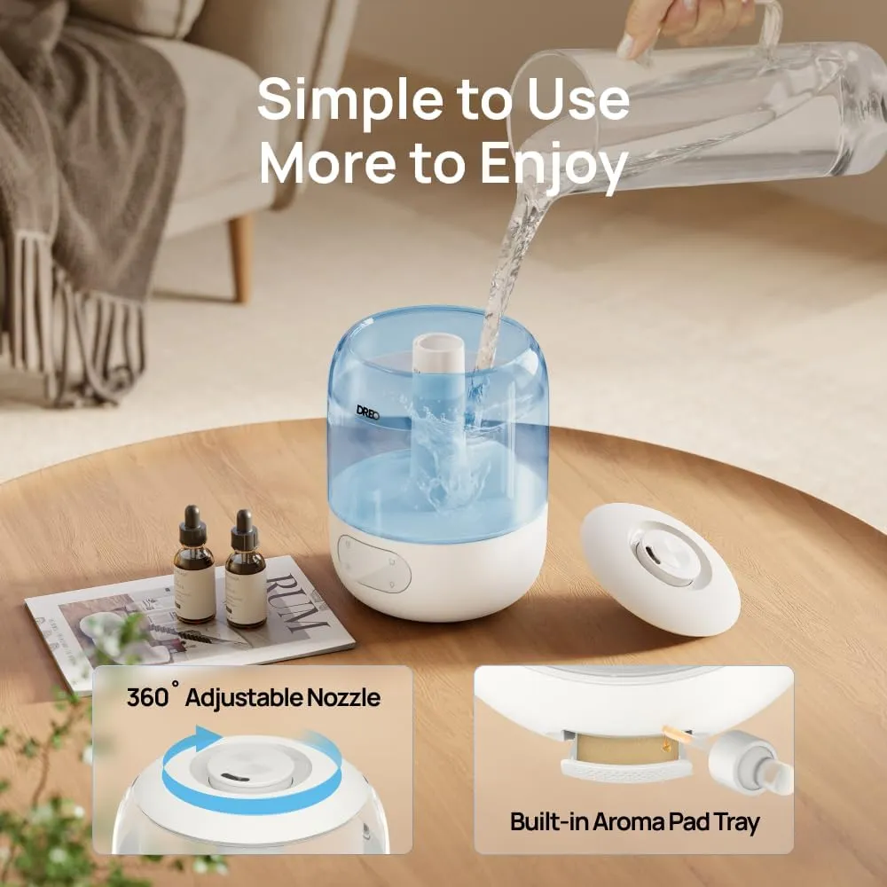 Dreo Humidifiers for Bedroom, Cool Mist Ultrasonic Humidifiers with 30Hr Runtime, Top Fill 3L Tank, Easy Clean, Humidity Sensor, Night Light for Baby, Nursery, 360 Nozzle for Plants and Home, Blue