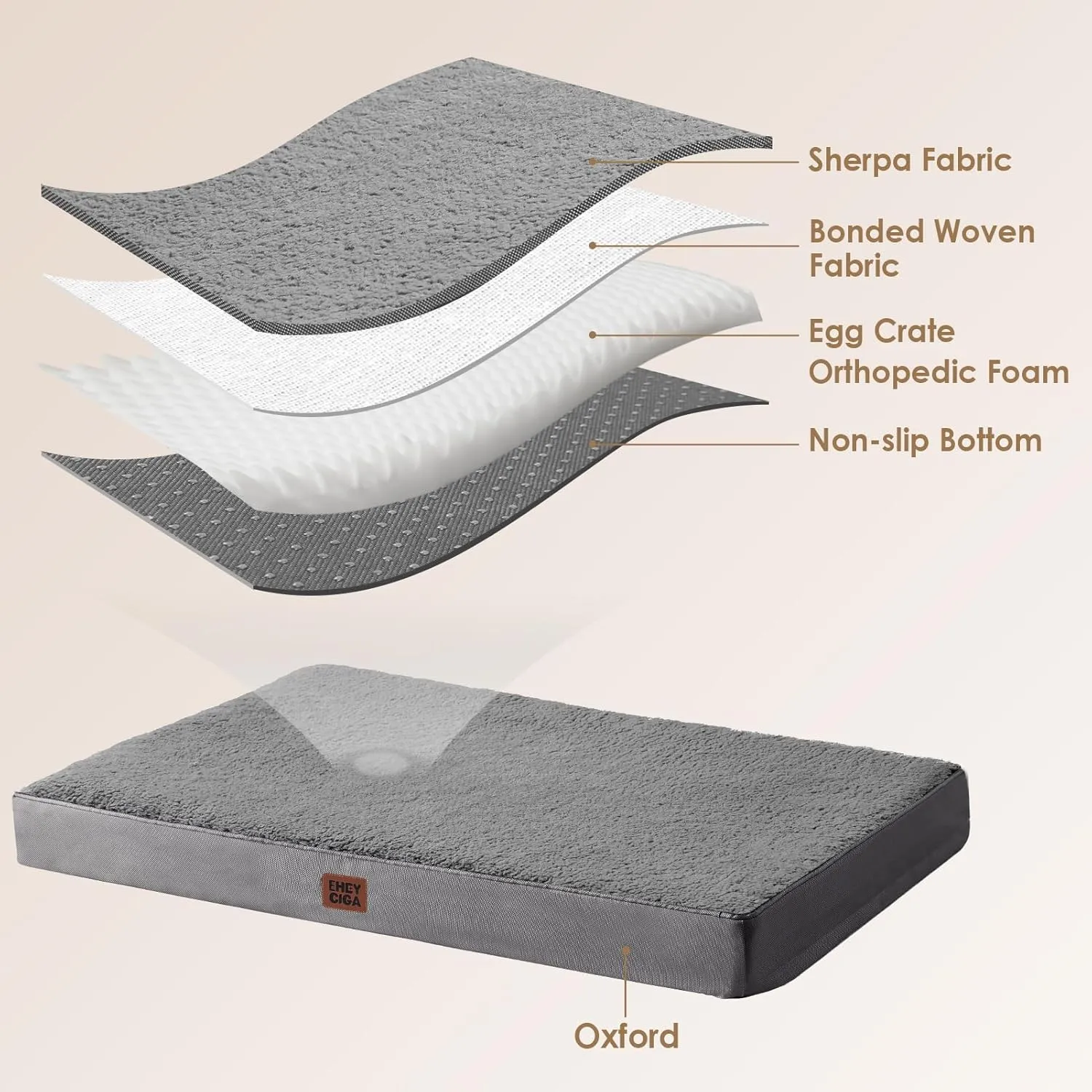 EHEYCIGA Orthopedic Foam Dog Bed for Large Dogs, 35"L x 23"W x 3.5"Th, Light Grey