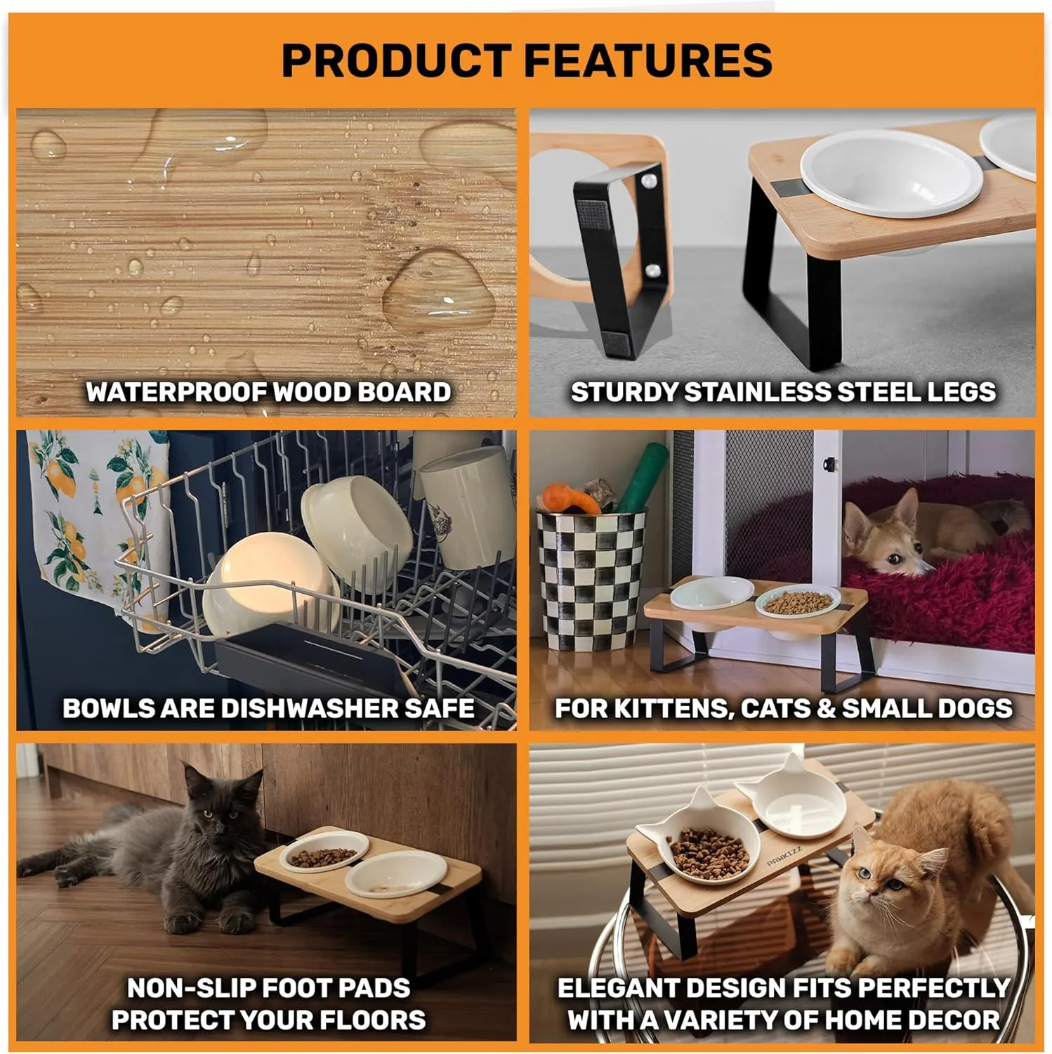 Elevated Cat Bowl Stand for Food and Water  Anti-Vomit Raised Feeding Station with Tilted Stand  Removable Round Ceramic Bowls, Anti Slip Bamboo Base, Dishes for Cats, Kitten, Small Dogs & Puppies