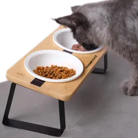 Elevated Cat Bowl Stand for Food and Water  Anti-Vomit Raised Feeding Station with Tilted Stand  Removable Round Ceramic Bowls, Anti Slip Bamboo Base, Dishes for Cats, Kitten, Small Dogs & Puppies