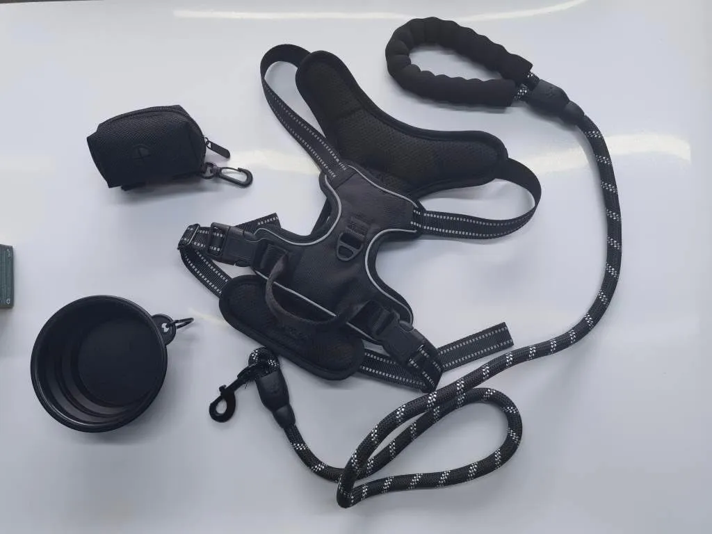 Enorme Dog Harness with Leash & Poop Bag Container   350 ML Bowl, No-Pull Pet Harness Adjustable Soft Padded Dog Vest Reflective Oxford Vest with Easy Control Handle. (Black, Large)