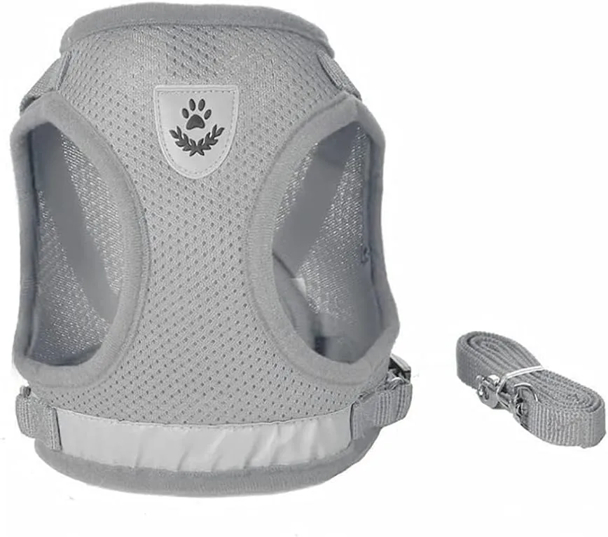 FEimaX Dog Harness and Leash Set for Walking, Soft Mesh Adjustable Easy Control Lightweight Cat Vest Harnesses with Reflective Strips, Escape Proof Small Dogs Cats Vests (Grey, X-Small)