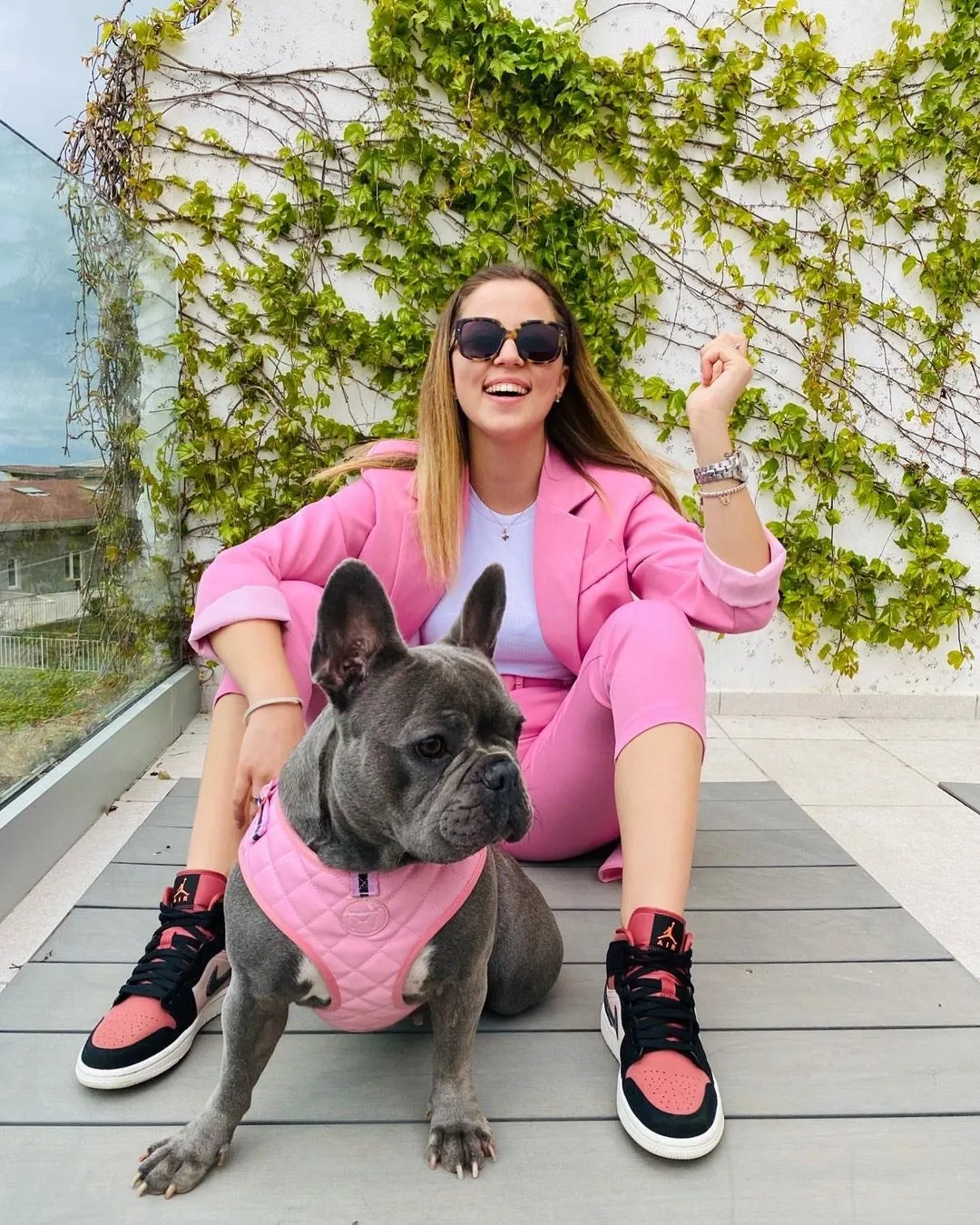 Frenchiestore Neck Adjustable Vegan Leather Health Harness | Pink Varsity