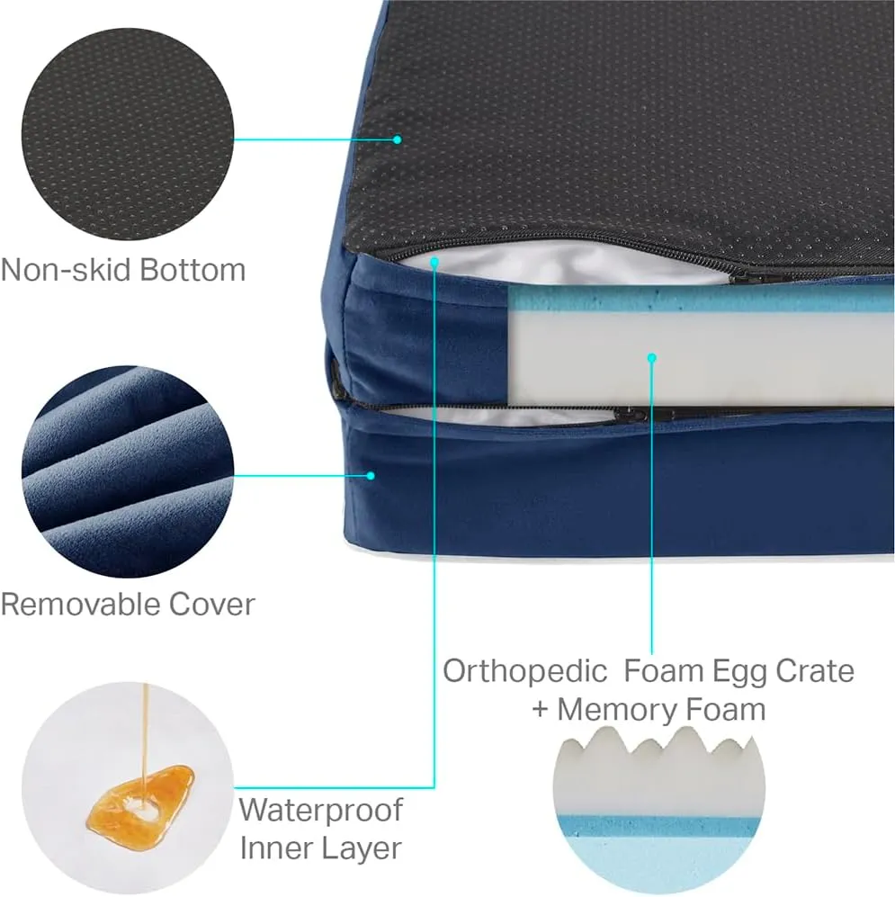 Friends Forever Orthopedic Dog Bed, Bolster Dog Bed with Memory Foam Pet Couch Sofa and Removable Washable Cover, Ally Navy, 42x32x7