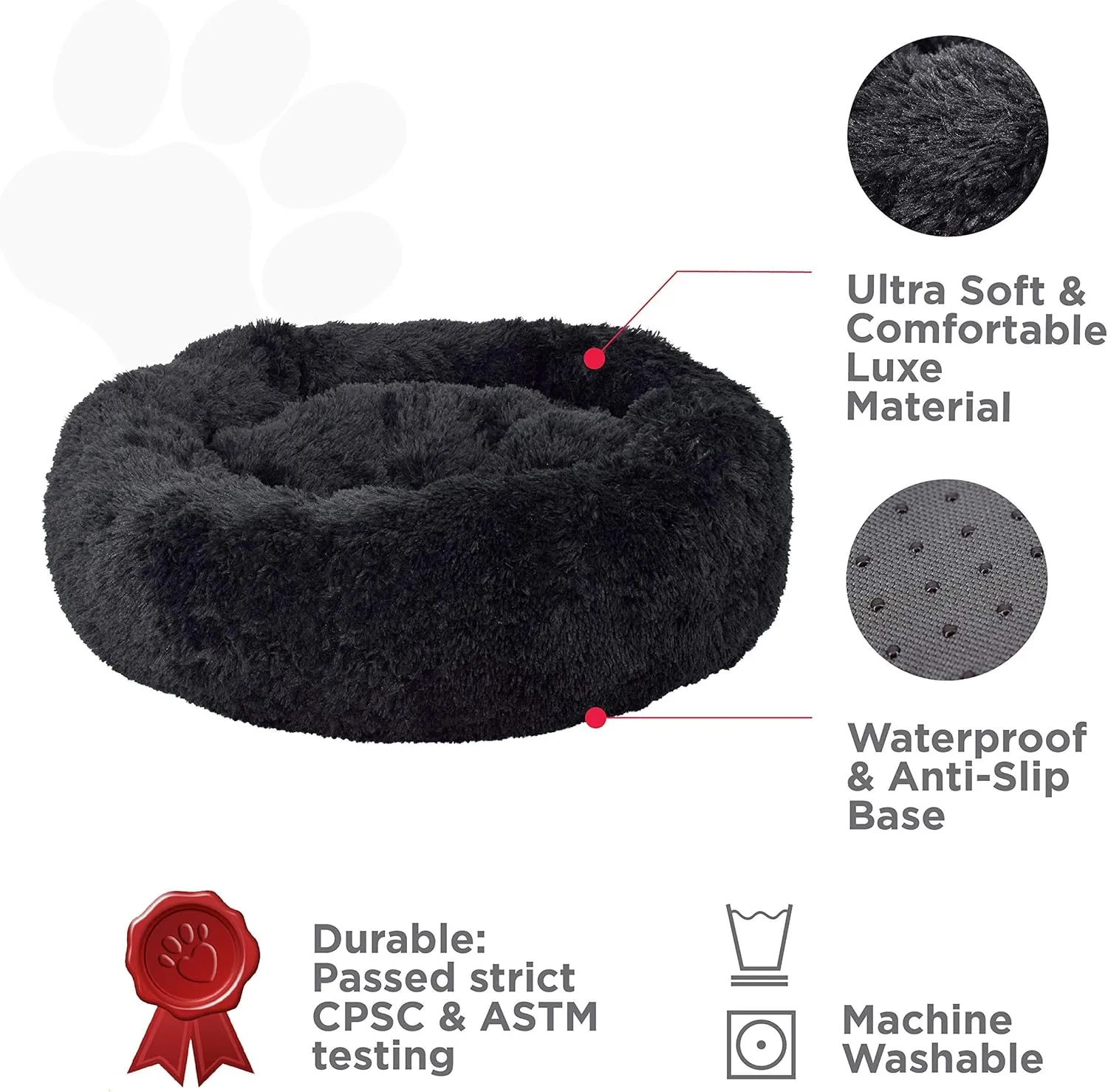 FuzzBall Fluffy Luxe Pet Bed, Calming Donut Cuddler  Machine Washable, Waterproof Base, Anti-Slip (for Medium Dogs and Cats up to 45lbs)