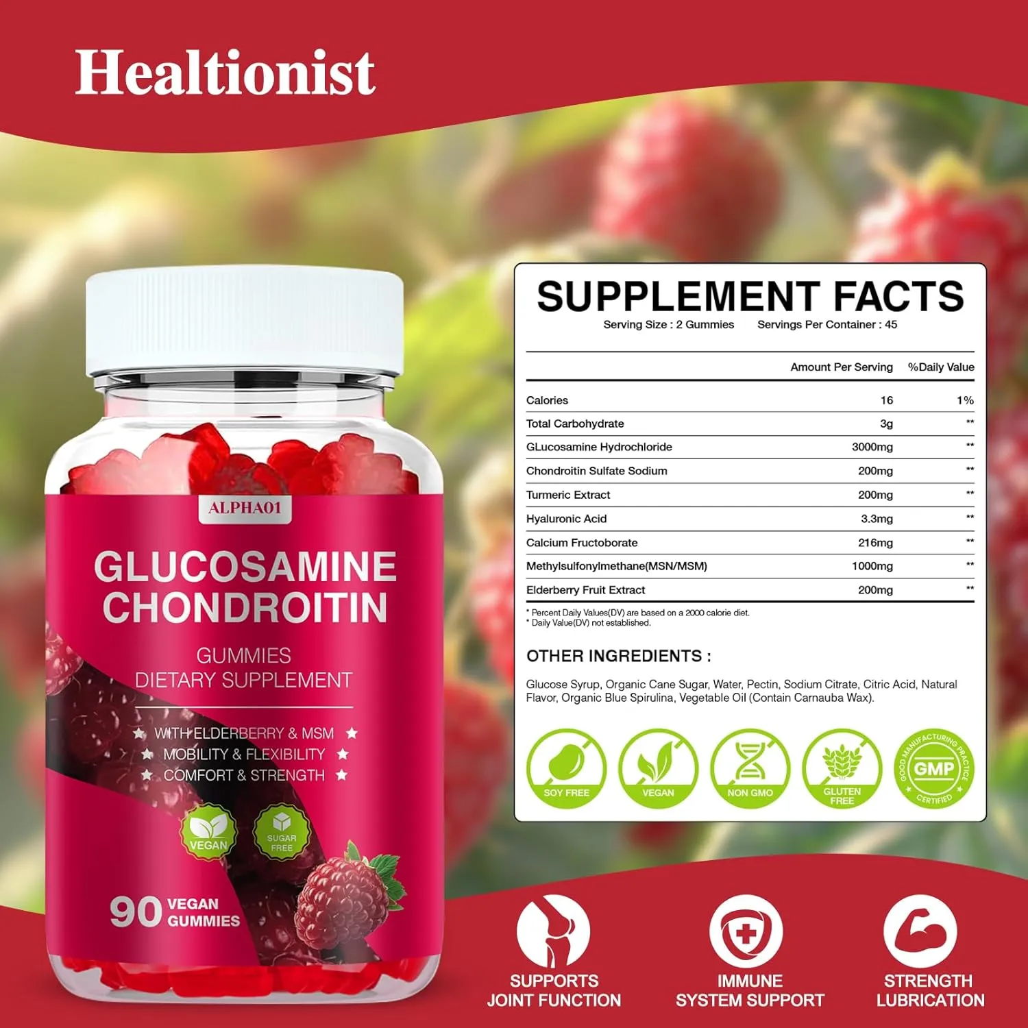 Glucosamine Chondroitin Gummies - 3000MG Extra Strength Joint Support Supplement with MSM & Elderberry, Flexibility, Antioxidant Immune Support Gummy for Adults, Men & Women - 90 Raspberry Gummies