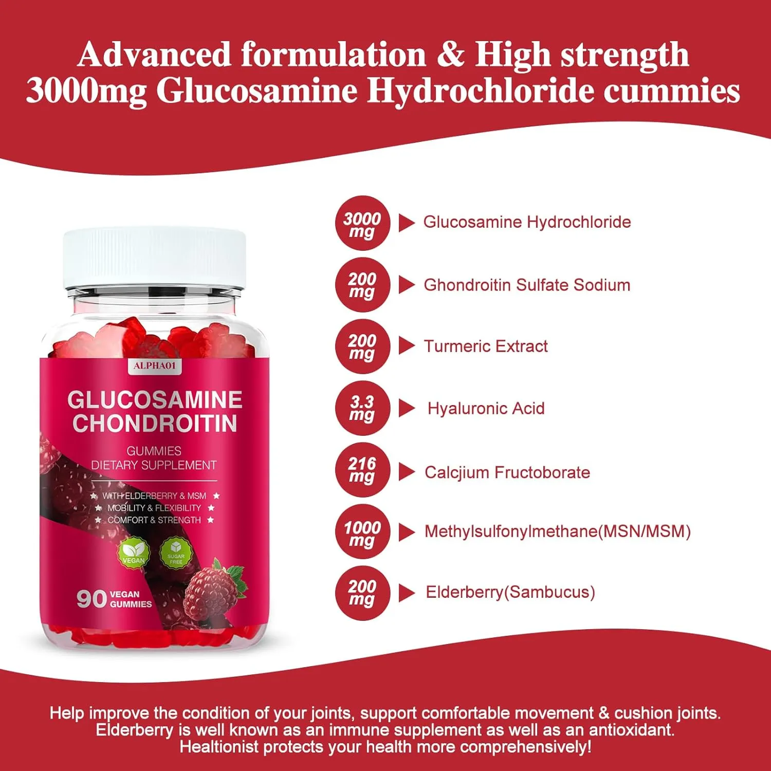 Glucosamine Chondroitin Gummies - 3000MG Extra Strength Joint Support Supplement with MSM & Elderberry, Flexibility, Antioxidant Immune Support Gummy for Adults, Men & Women - 90 Raspberry Gummies
