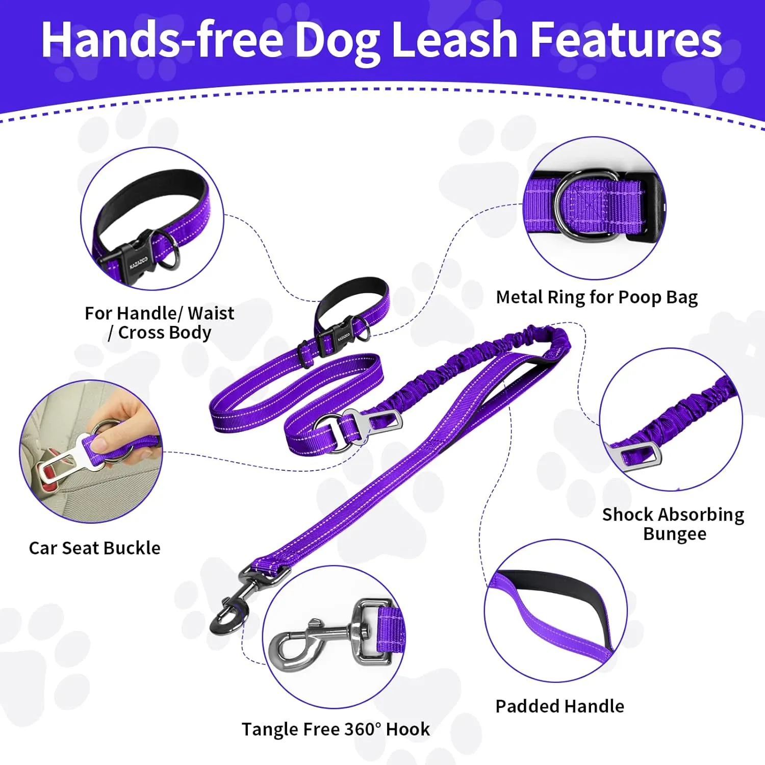 Hands Free Dog Leash for Large Dogs Adjustable 6 to 9 Feet Heavy Duty with No Pull Bungee & Reflective Ideal for Running, Jogging, Leash Carabiner for Ultimate Convenience Purple