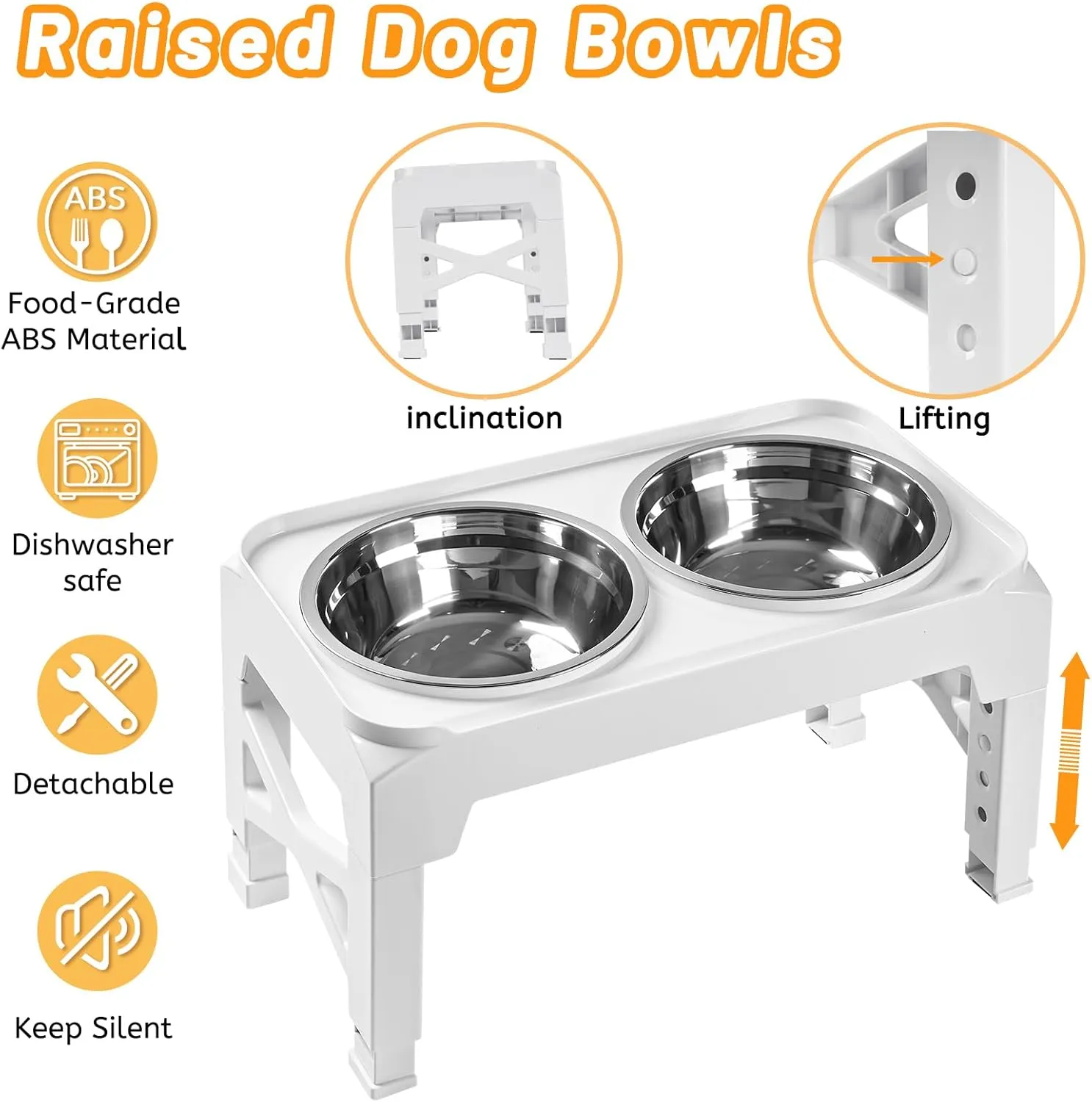 Hubulk Elevated Dog Bowls with 2 Stainless Steel Dog Food & Water Raised Bowls with No Spill Edge Non-Slip Stand Adjusts to 3 Heights(2.75", 6.0", 7.5") for Small Medium Dogs and Pet