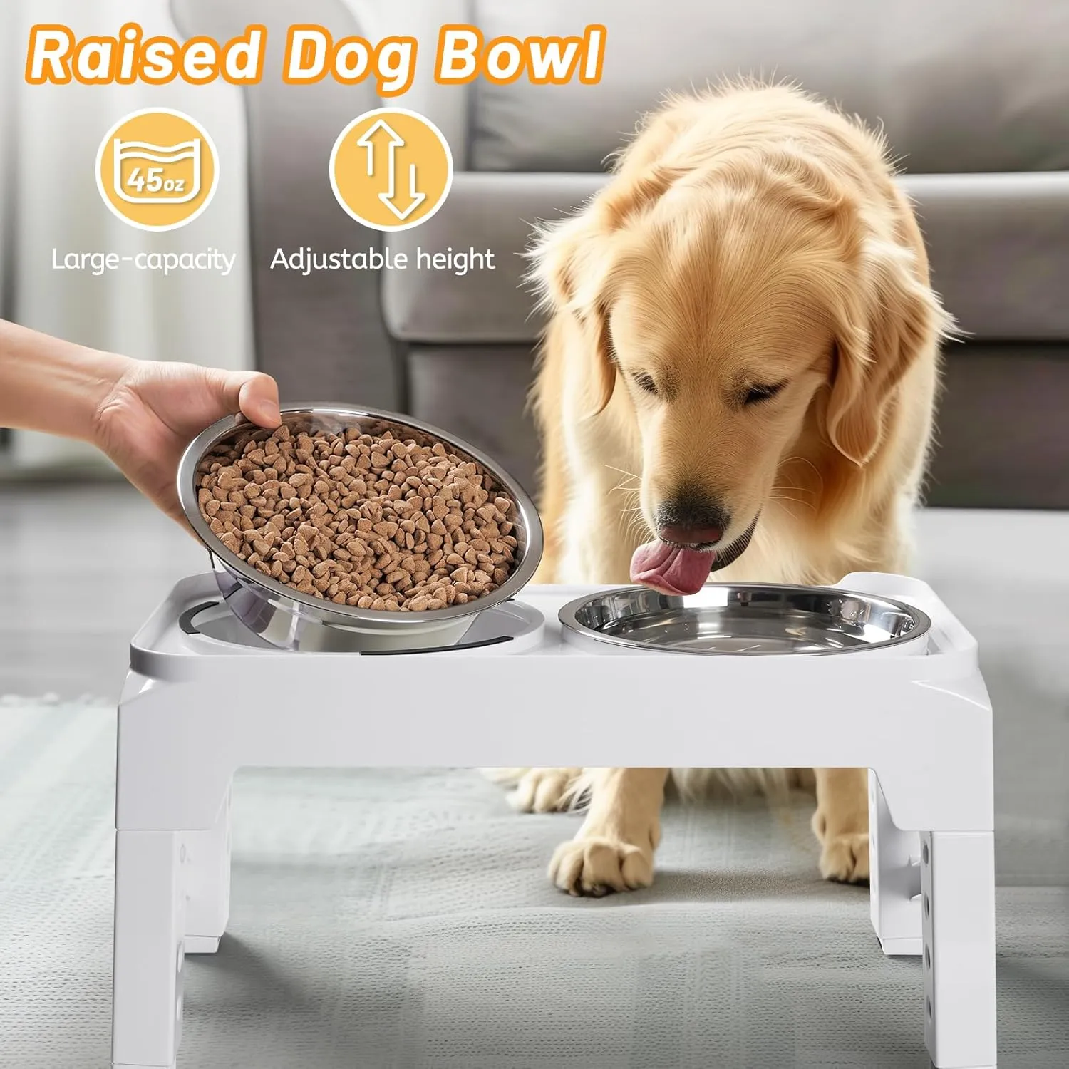 Hubulk Elevated Dog Bowls with 2 Stainless Steel Dog Food & Water Raised Bowls with No Spill Edge Non-Slip Stand Adjusts to 3 Heights(2.75", 6.0", 7.5") for Small Medium Dogs and Pet