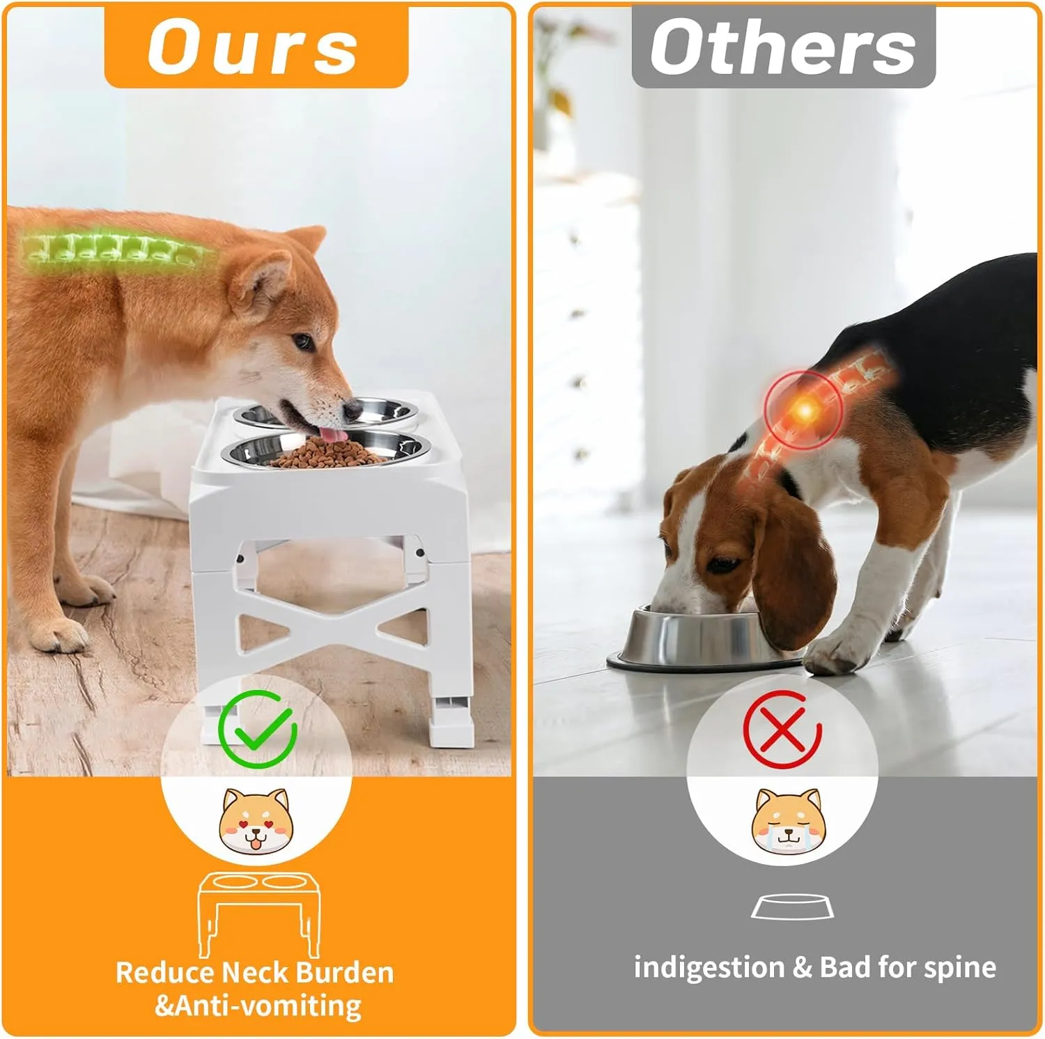 Hubulk Elevated Dog Bowls with 2 Stainless Steel Dog Food & Water Raised Bowls with No Spill Edge Non-Slip Stand Adjusts to 3 Heights(2.75", 6.0", 7.5") for Small Medium Dogs and Pet