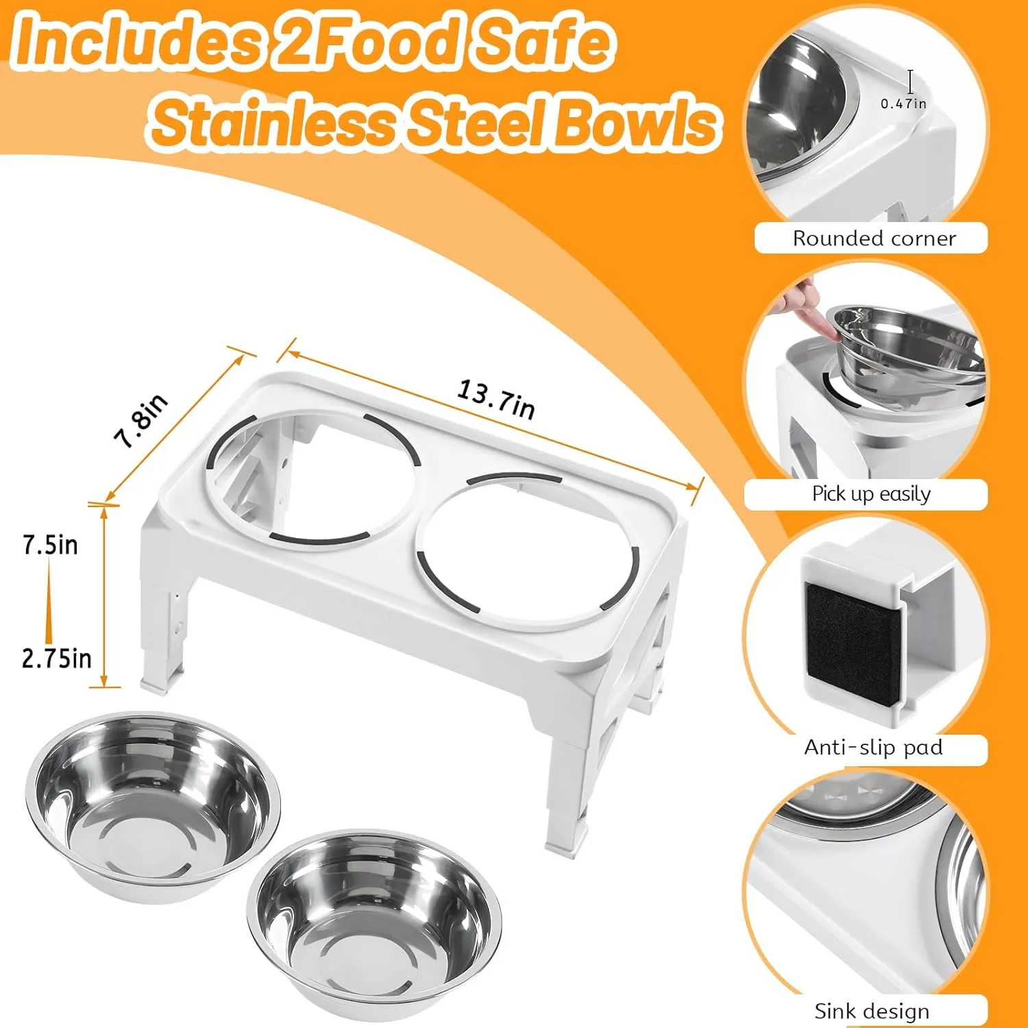 Hubulk Elevated Dog Bowls with 2 Stainless Steel Dog Food & Water Raised Bowls with No Spill Edge Non-Slip Stand Adjusts to 3 Heights(2.75", 6.0", 7.5") for Small Medium Dogs and Pet