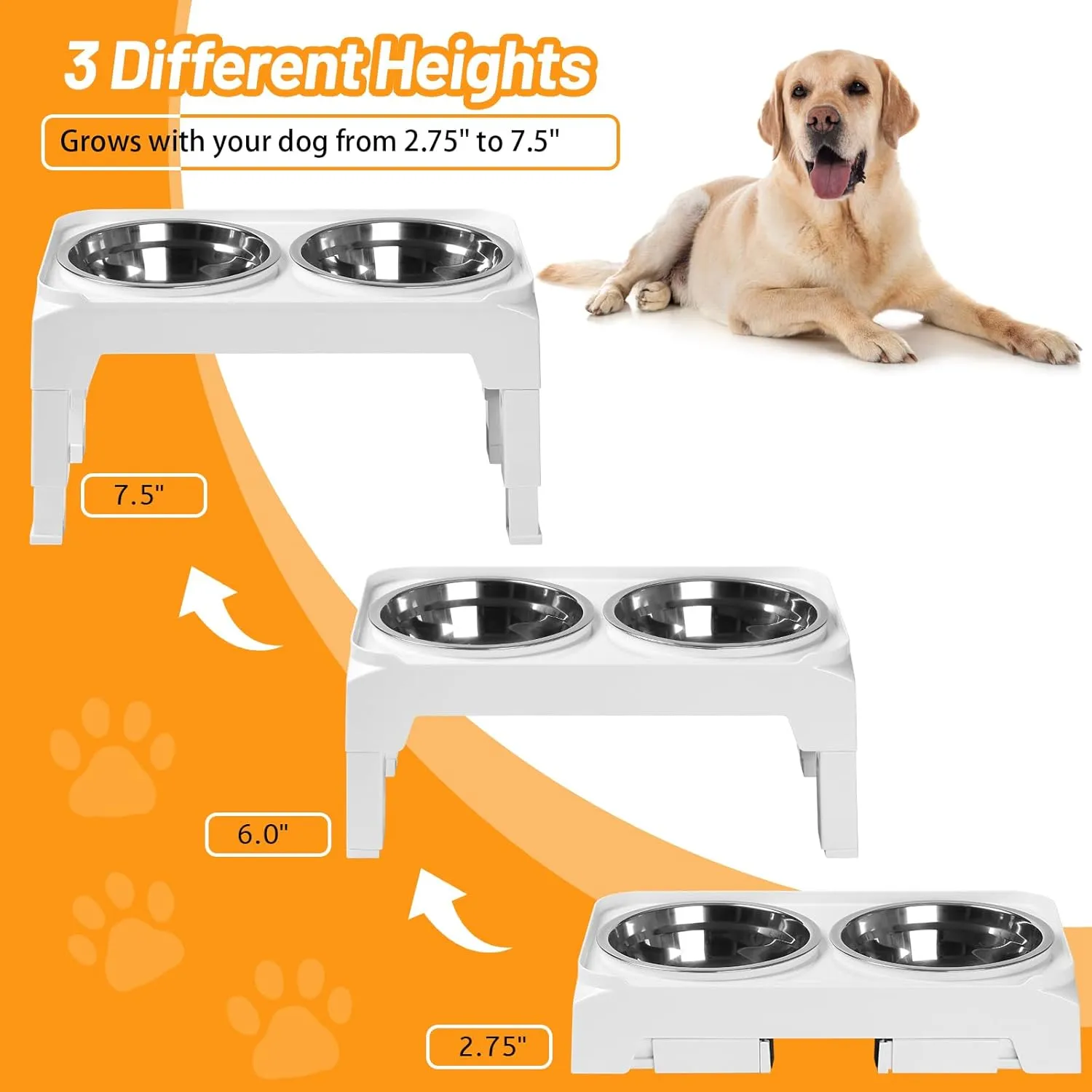 Hubulk Elevated Dog Bowls with 2 Stainless Steel Dog Food & Water Raised Bowls with No Spill Edge Non-Slip Stand Adjusts to 3 Heights(2.75", 6.0", 7.5") for Small Medium Dogs and Pet