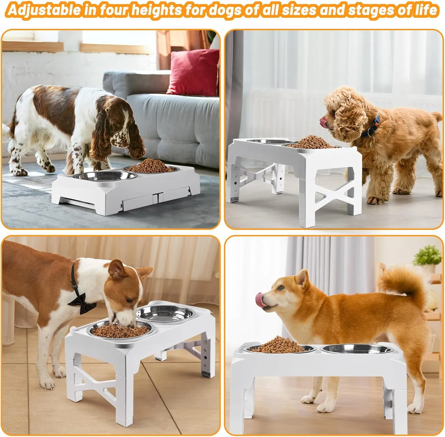 Hubulk Elevated Dog Bowls with 2 Stainless Steel Dog Food & Water Raised Bowls with No Spill Edge Non-Slip Stand Adjusts to 3 Heights(2.75", 6.0", 7.5") for Small Medium Dogs and Pet
