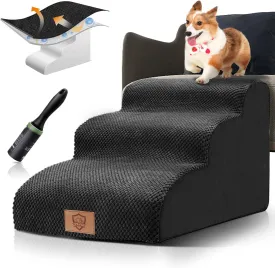 Kphico Dog Stairs and Ramp for High Beds Couches,15.7" High Density Foam Pet Steps for Small Dogs and Cats,Let Your Pets Can Easily Close to Your Bedside-Send 1pcs pet Hair Remover RollerBlack