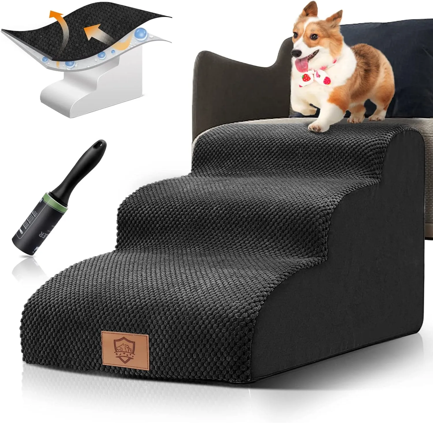 Kphico Dog Stairs and Ramp for High Beds Couches,15.7" High Density Foam Pet Steps for Small Dogs and Cats,Let Your Pets Can Easily Close to Your Bedside-Send 1pcs pet Hair Remover RollerBlack
