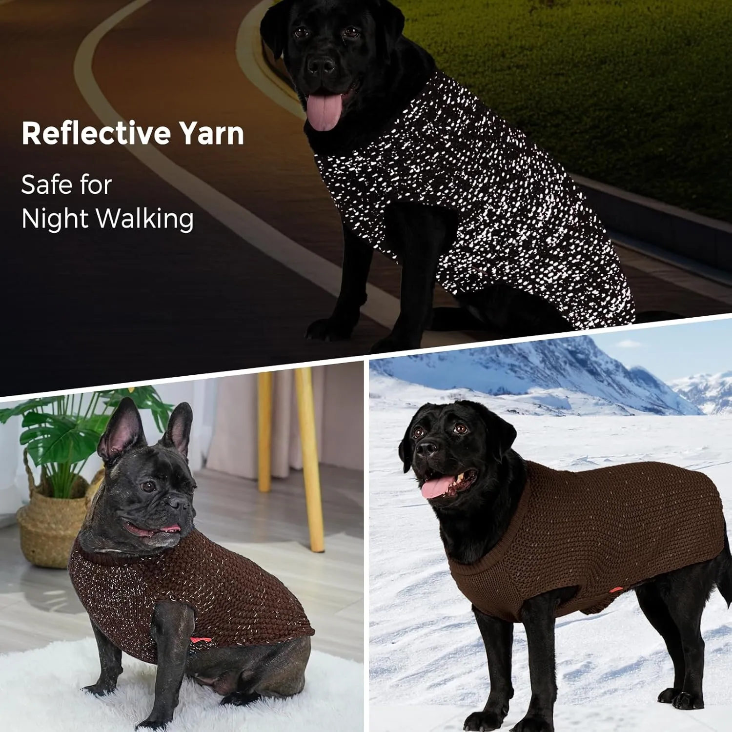 KYEESE Dog Sweater Small Dog Sweater with Reflective Yarn Stretchy Pet Coats Warm Pet Sweater for Small Dogs Male Comfy Dogs Clothes with Leash Hole, Khaki, XS