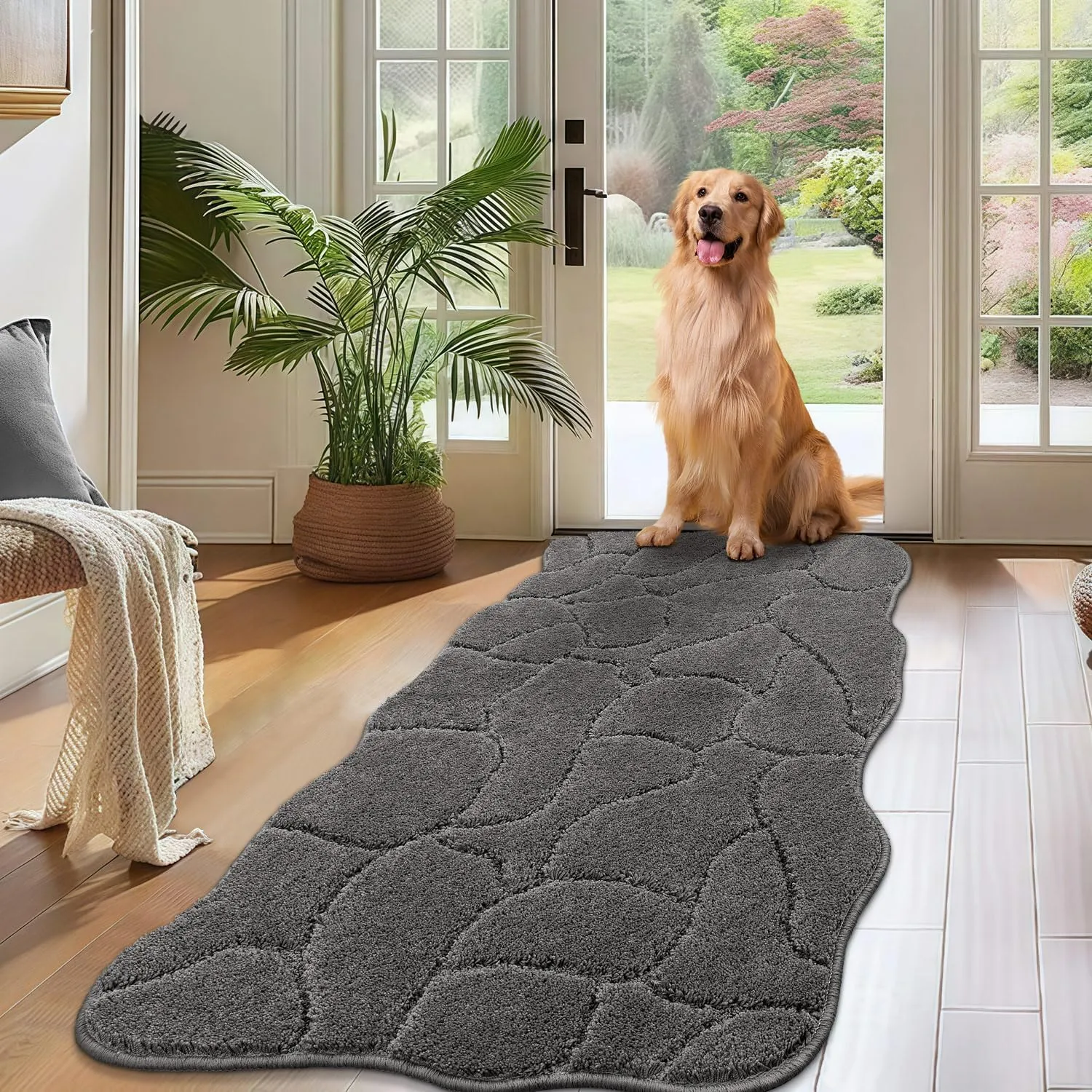 Large Dog Door Mat for Muddy Paws, 24x59 Absorbent Dirt Trapper Long Door Mat, Non-Slip Washable Mud Mat for Dogs, Polyester Microfiber Soft Pet Rug Mat for Entryway, Mud Dog Paws, Patio (Gray)
