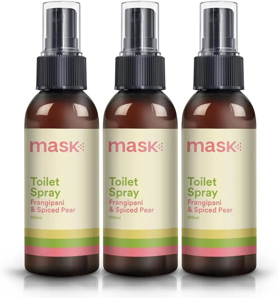 Mask Toilet Spray - Travel Size Bathroom Spray, Pack of 3, Odor Neutralizer Spray, Poop Spray Odor Eliminator, Bathroom Air Freshener, Bathroom Deodorizer - Frangipani & Spiced Pear Scent, 10.2 Fl Oz
