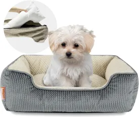 Miguel Small Dog Bed Washable Removable Cover, Cat Bed for Indoor Cats Square, Cuddle Rectangle Pet Bed with Side Soft Bolster Puppy Bed Kitten Bed with Wall Slip-Resistant Bottom, Gray 20 Inch