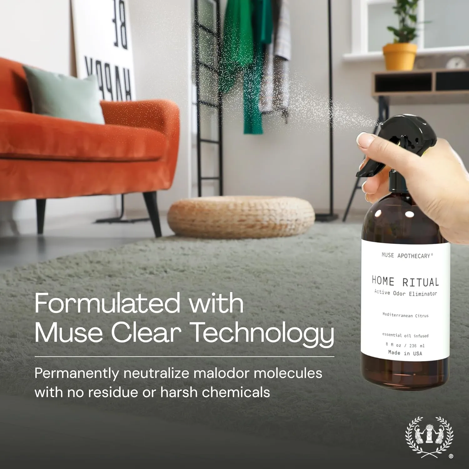 Muse Apothecary Home Ritual Active Odor Eliminator Spray - Furniture Deodorizer Spray & Bathroom Odor Eliminator for Home - Essential Oil Air Freshener - 4oz, Mediterranean Citrus, 2 Pack