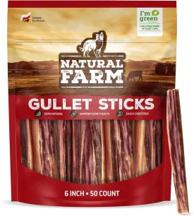 Natural Farm Gullet Sticks (6 Inch, 50 Pack) - One Ingredient Beef Esophagus Chews - Fully Digestible, Promotes Joint & Dental Health, for Pups, Small & Senior Dogs