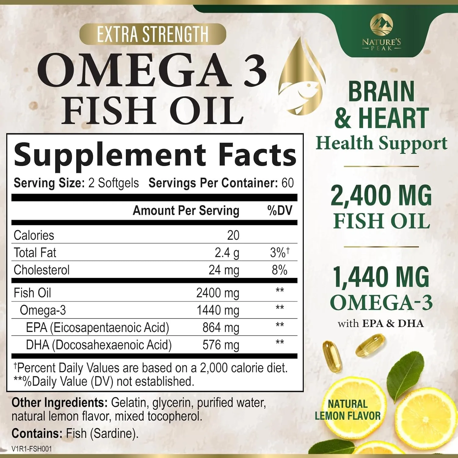Nature's Peak Fish Oil 2400 mg - Triple Strength Fish Oil Supplement, Omega 3 Fish Oil w/EPA & DHA Fatty Acids for Healthy Heart Support, Burpless Omega 3 Supplements